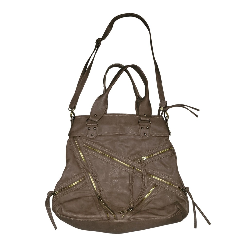 Olivia + Joy Brown Faux Leather Tote Gold Zipper Accents Adjustable Strap luxury